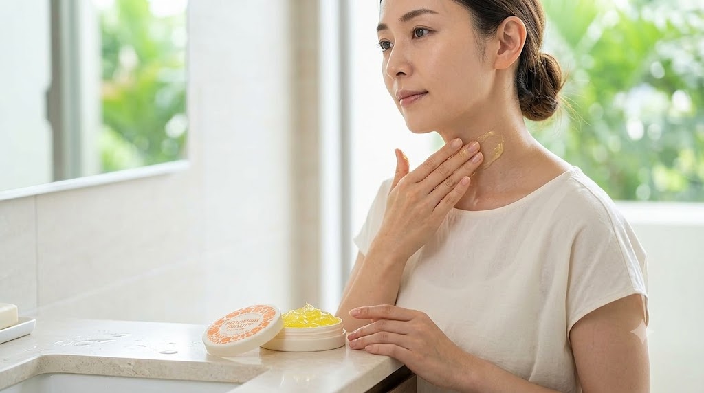 ぽろリナを首元に塗る女性